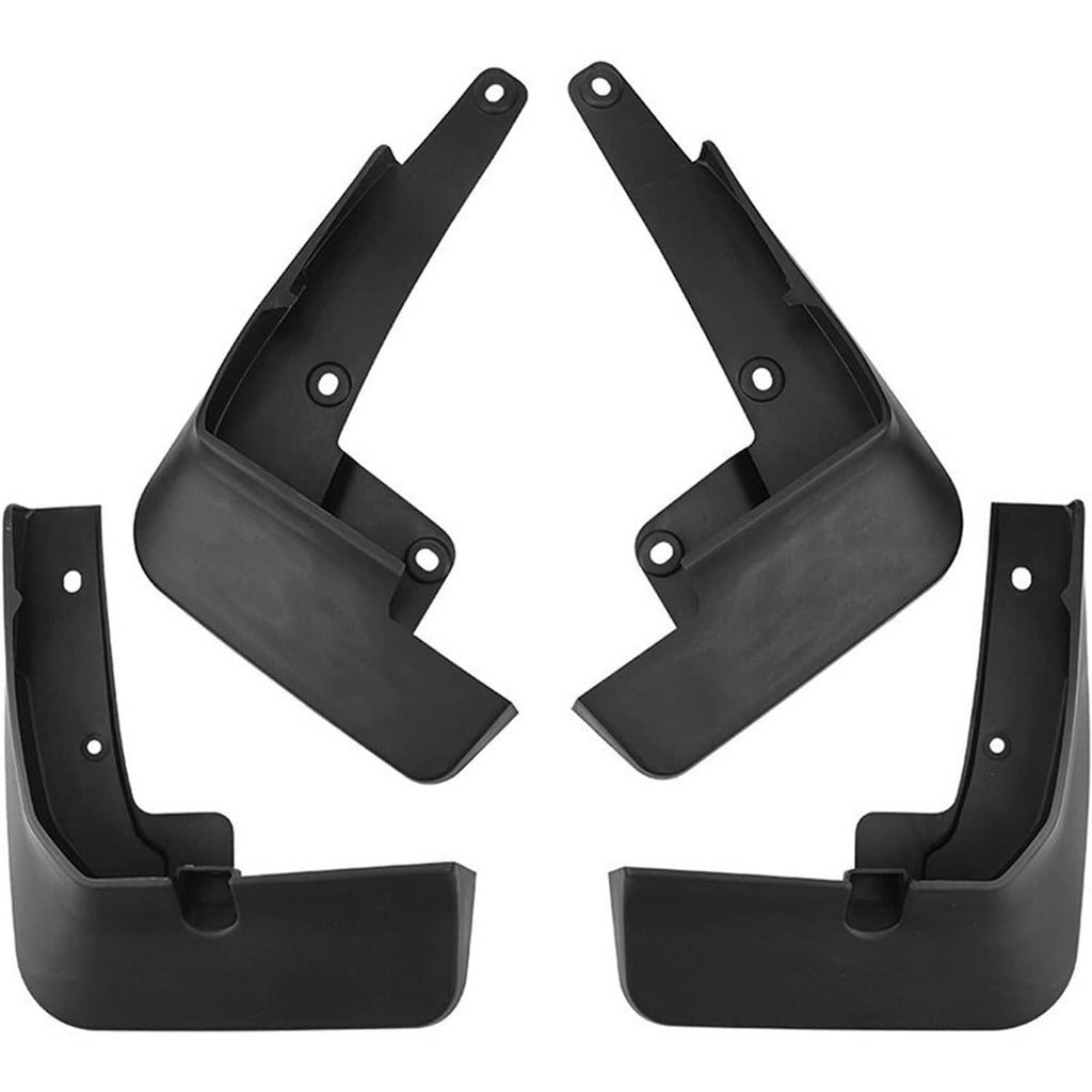 Black 4-piece mud flap set with V-shaped center gap and screw hole brackets.