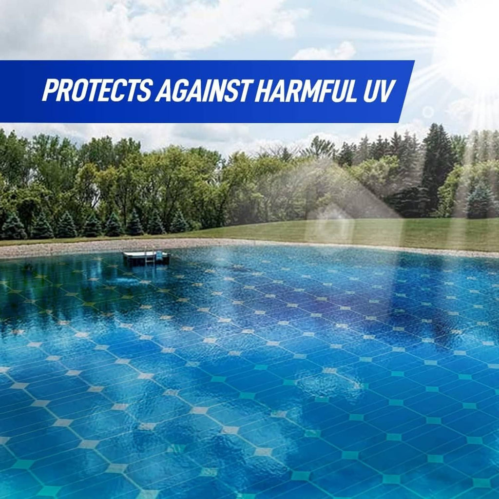 Blue pond water with protective coverage pattern, pool-like surface over treated water.