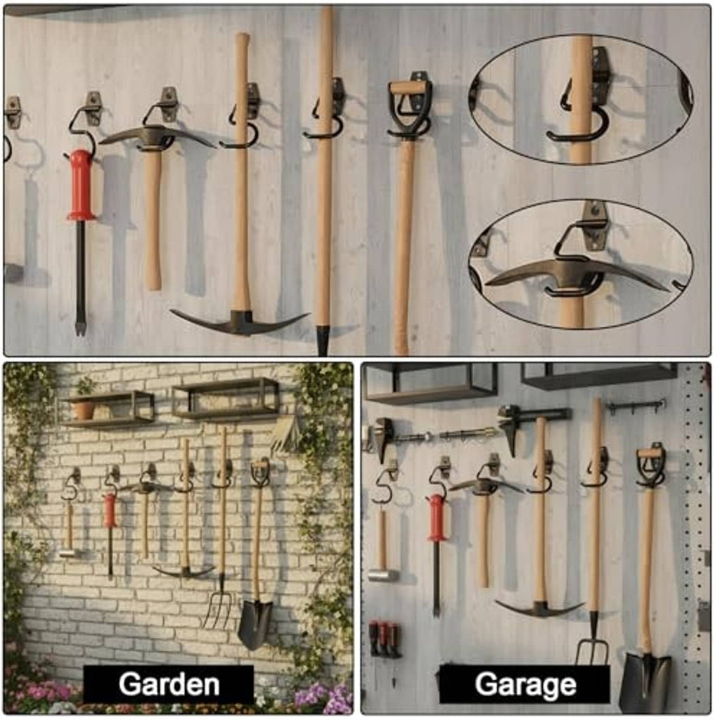 Multiple wall-mounted broom holders holding long-handled tools on a garden or garage wall