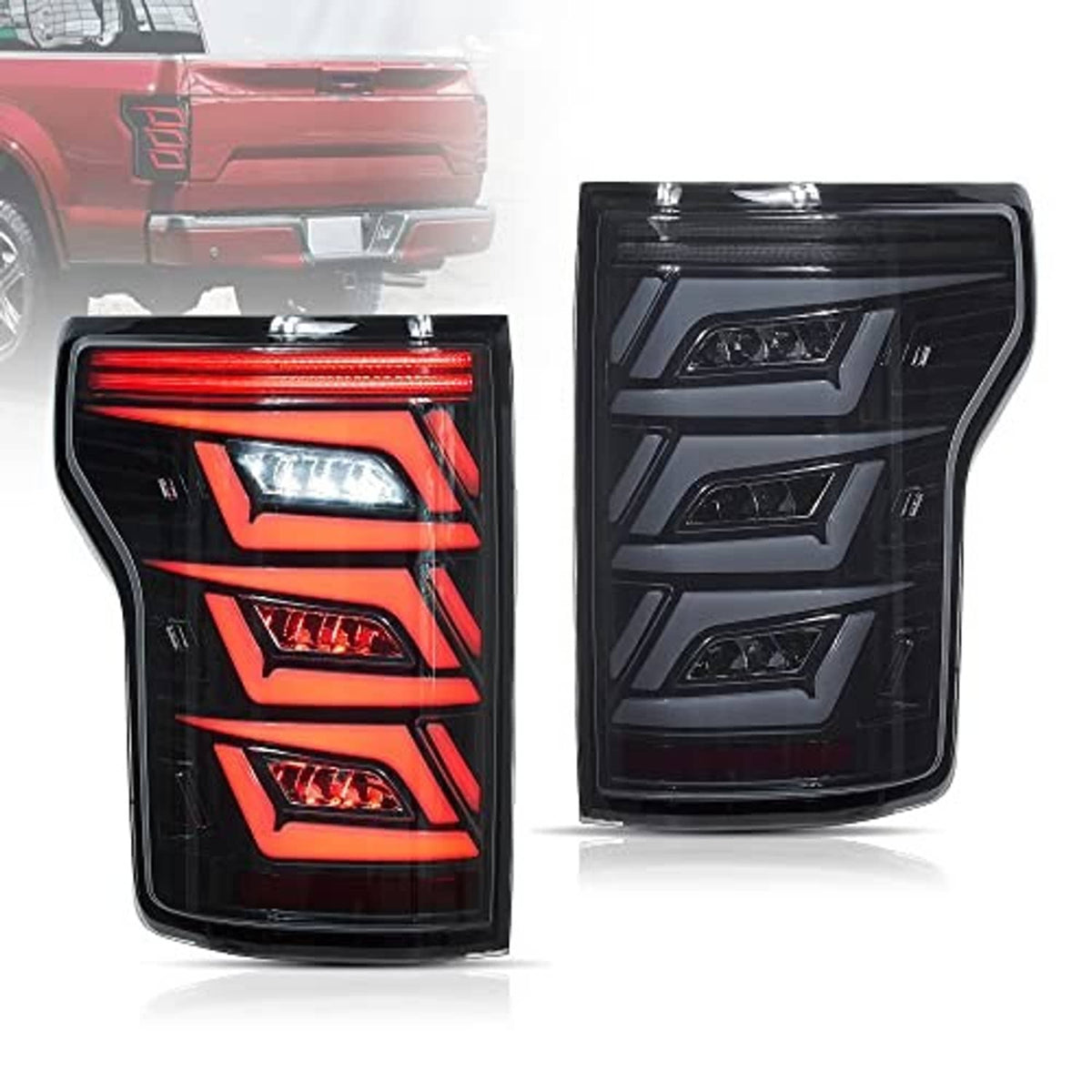 Pair of smoked LED tail lights with black housing and red/clear light segments