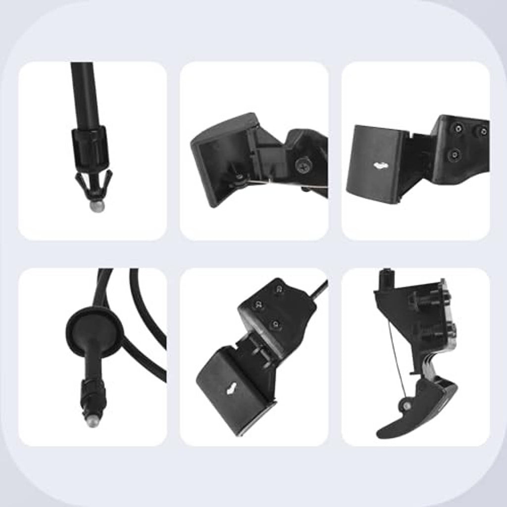 Hood latch release cable set with black handle, brackets, and wiring