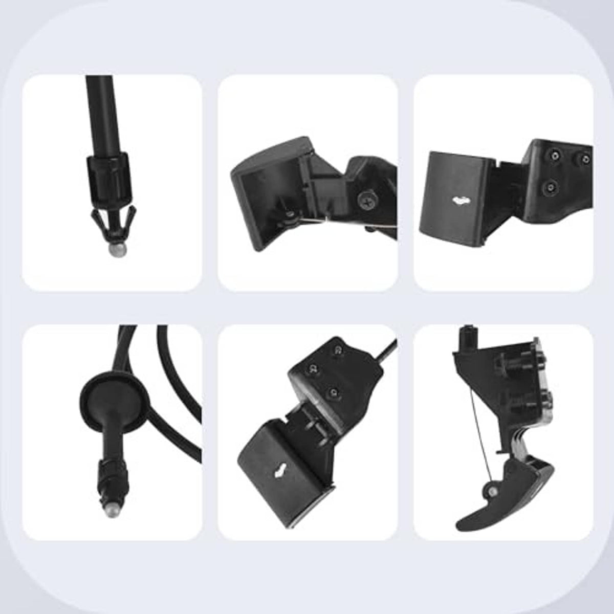 Hood latch release cable set with black handle, brackets, and wiring