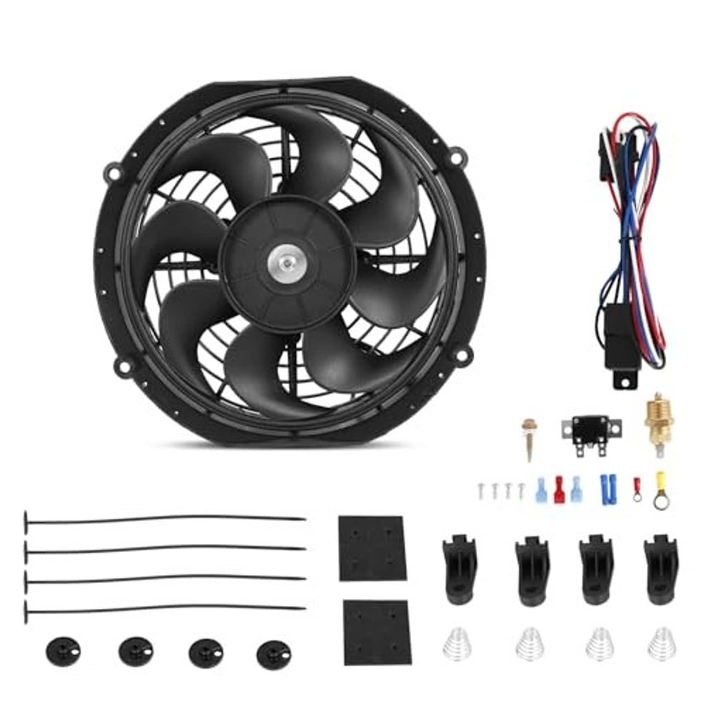 10-inch radiator cooling fan kit with black fan, wiring harness, relay, and brass connectors