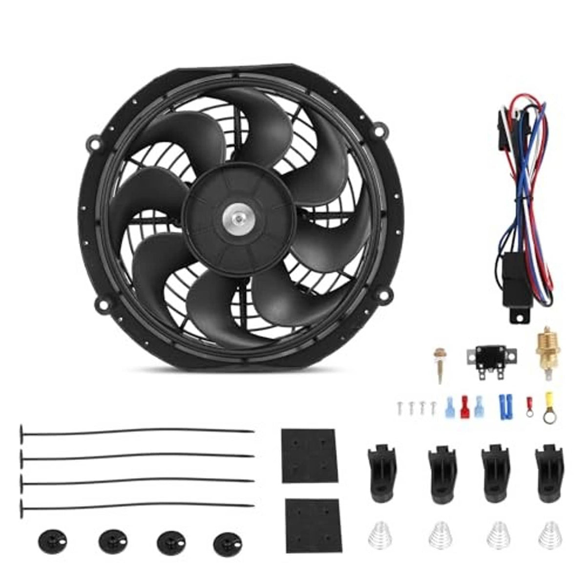 10-inch radiator cooling fan kit with black fan, wiring harness, relay, and brass connectors