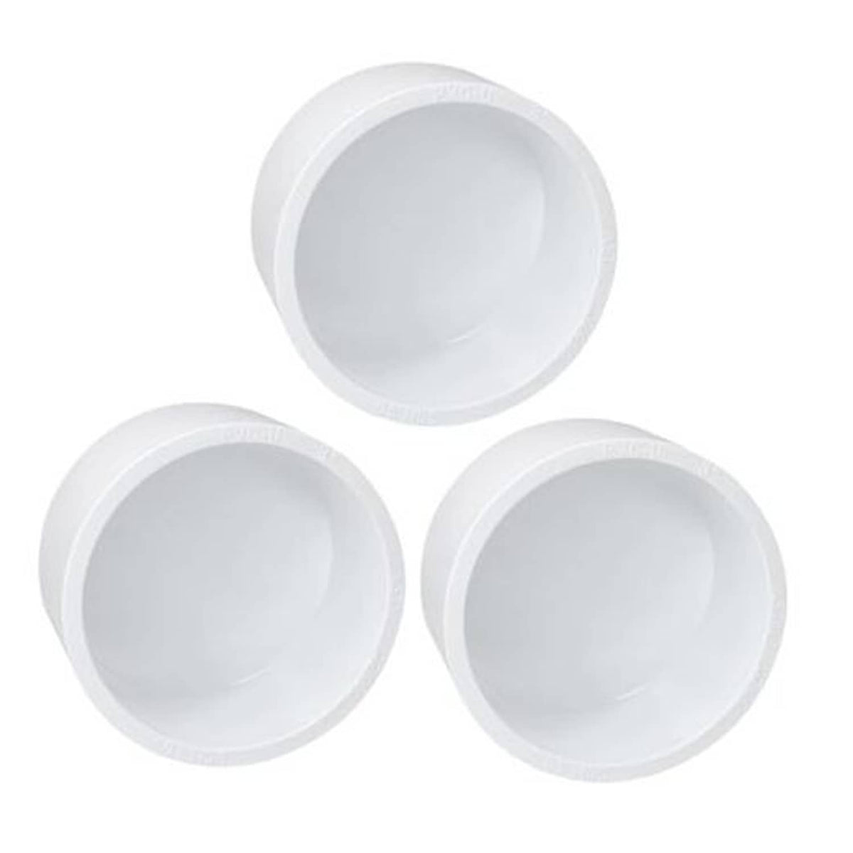 White PVC slip-on pipe end caps, round open ends, set of three