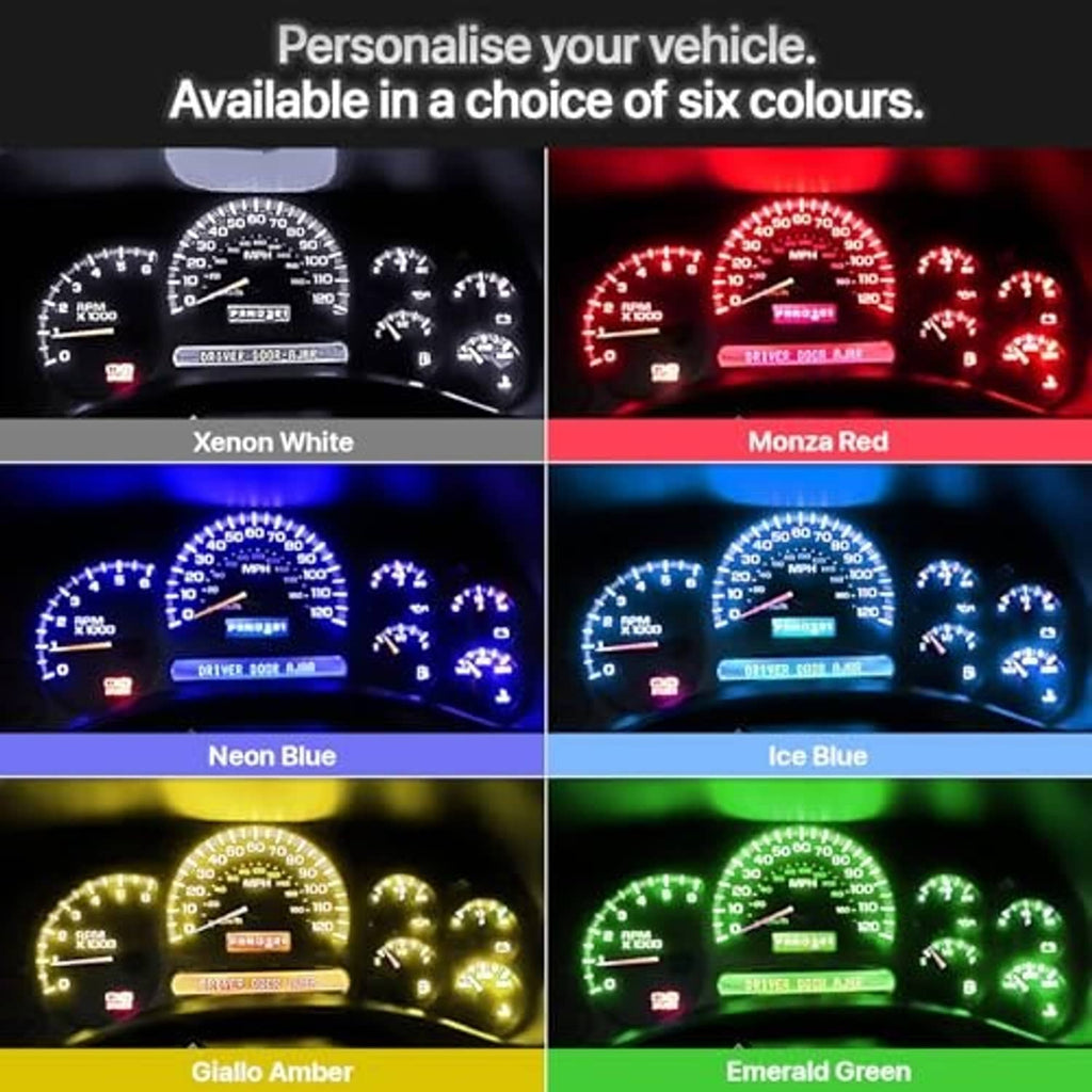 LED instrument cluster light color options showing neon blue and other variants