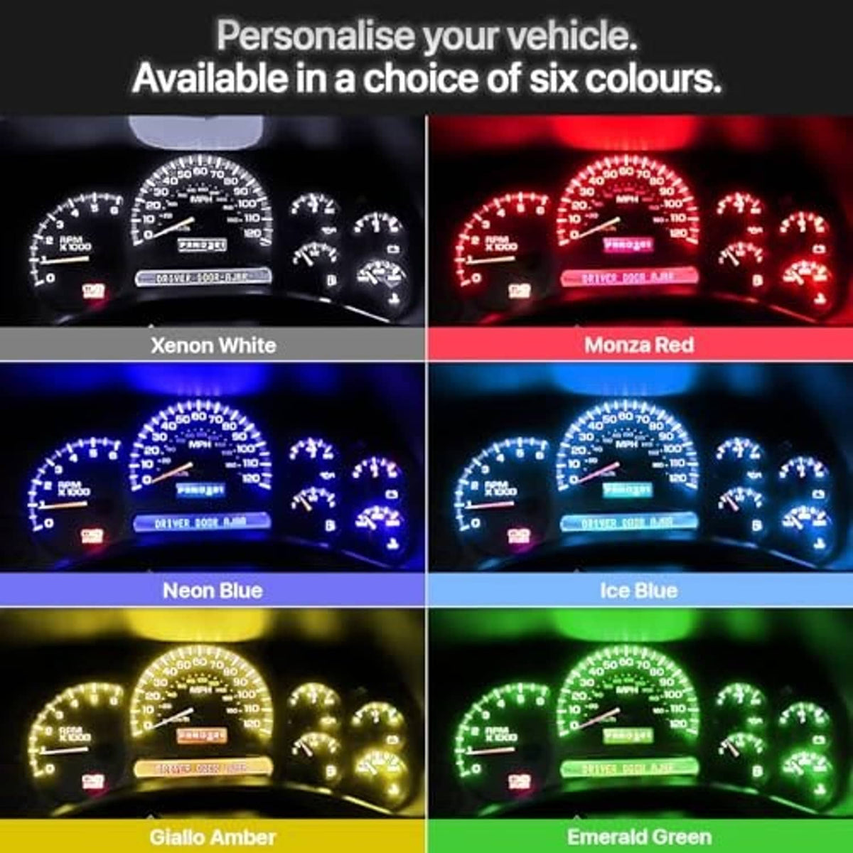 LED instrument cluster light color options showing neon blue and other variants