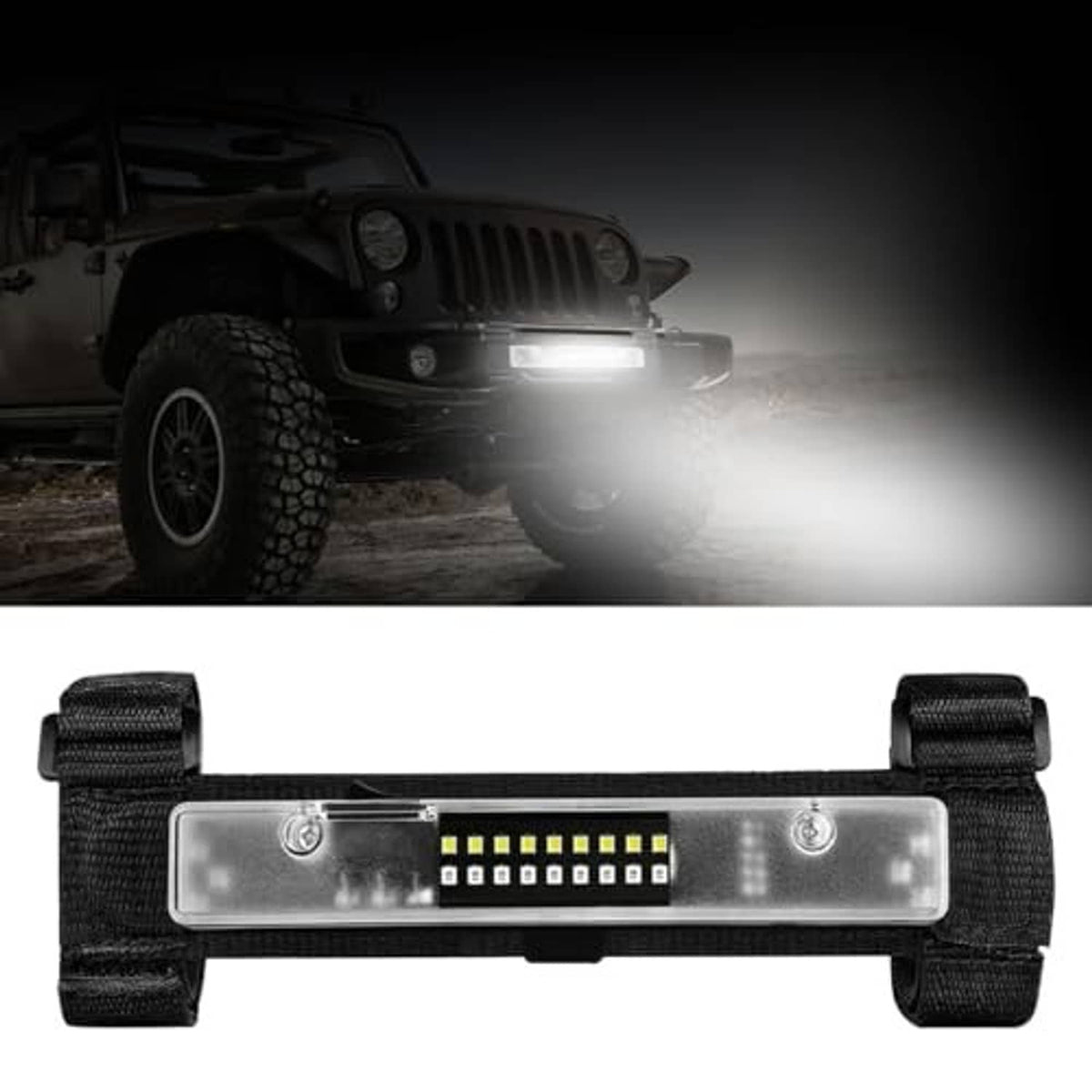 Universal LED light bar with clear lens and black nylon strap mount, centered view