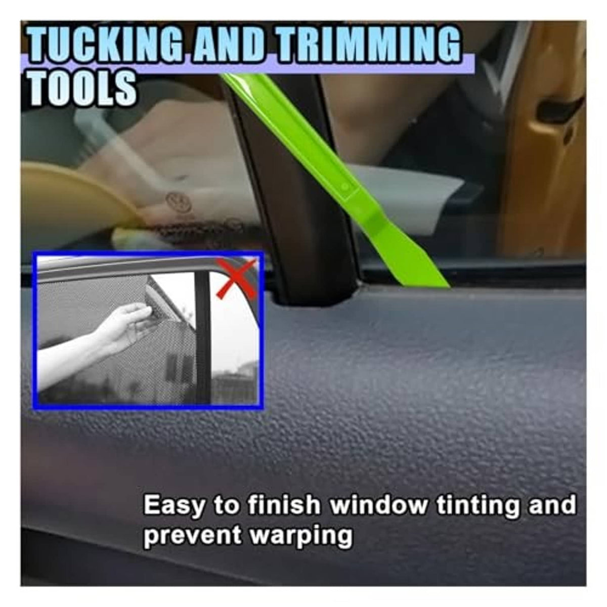 Bright green squeegee tool used for trimming window tint along car door glass