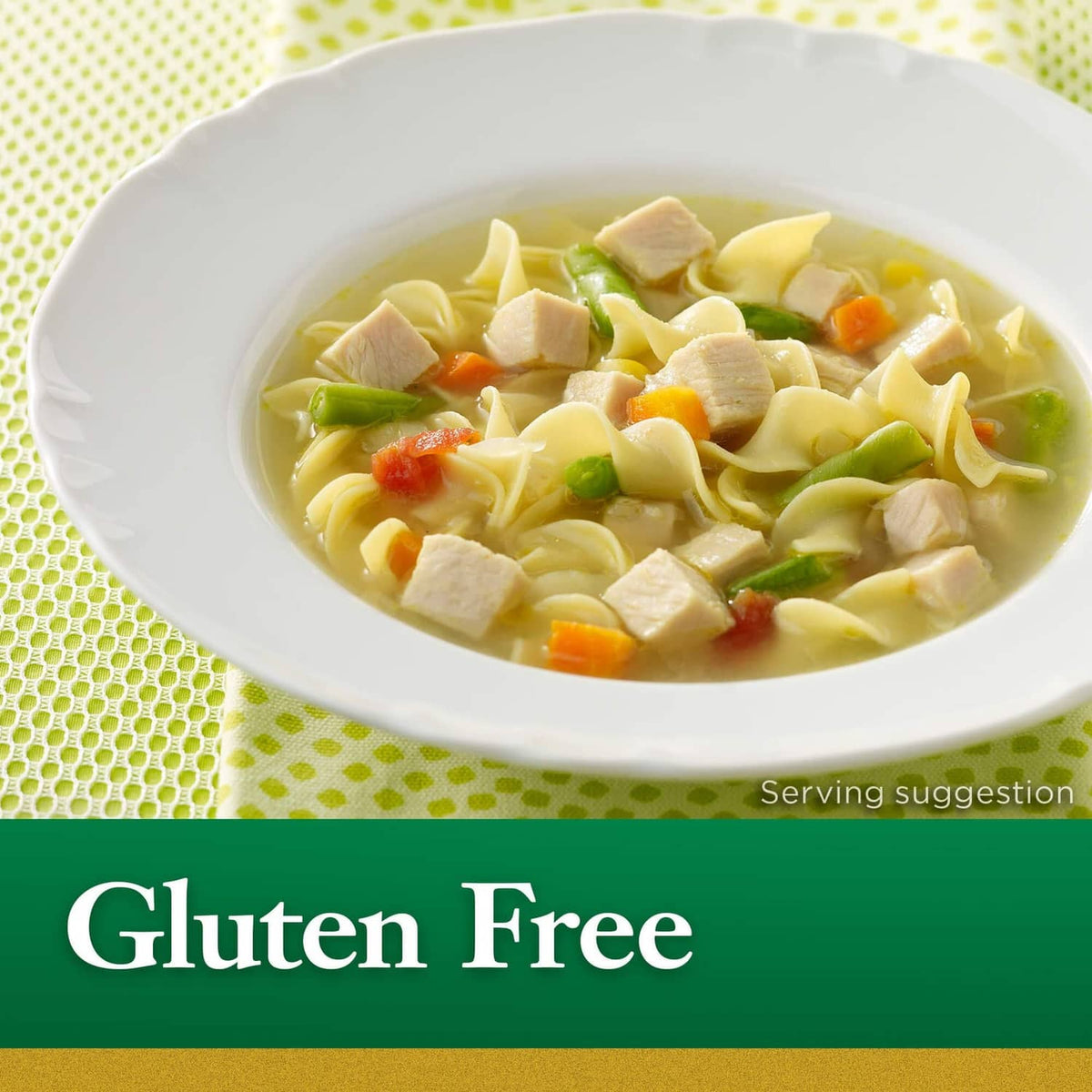 Chicken soup serving suggestion with Gluten Free label