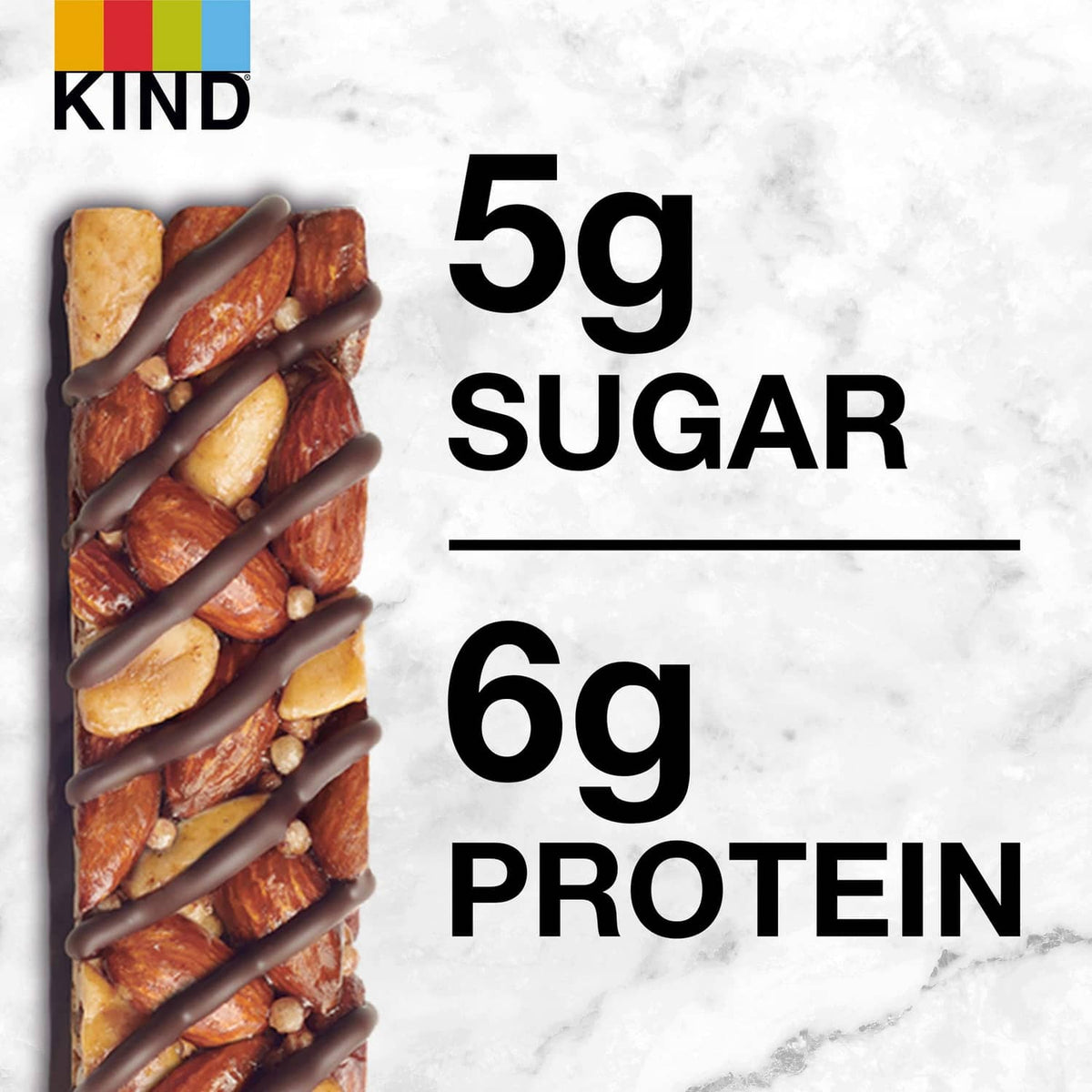 Kind dark chocolate nut snack bar with 5g sugar and 6g protein callouts