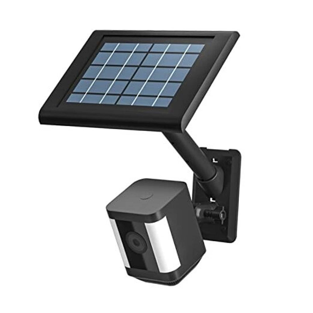 Black wall mount bracket with solar panel arm and camera base for outdoor setup