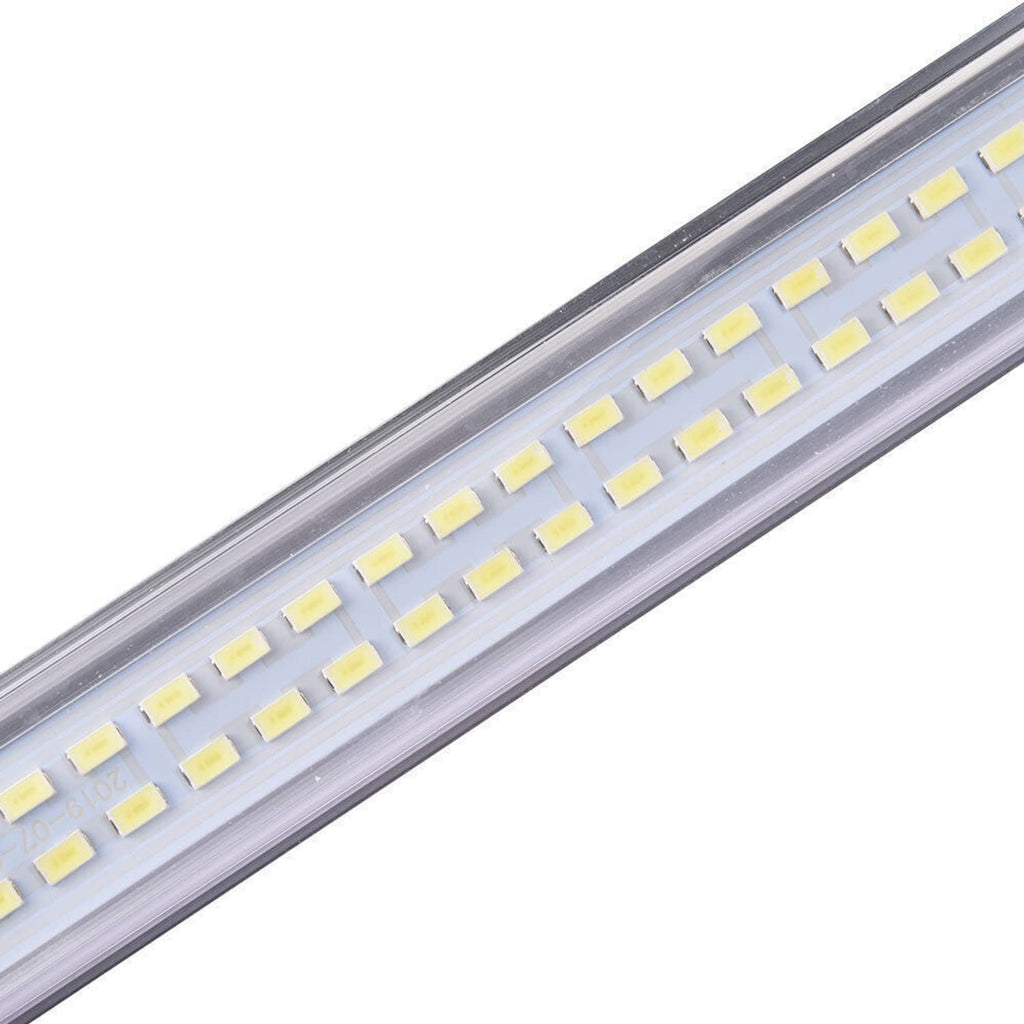 Close-up LED strip on an RV ceiling dome light bar with small yellow light chips