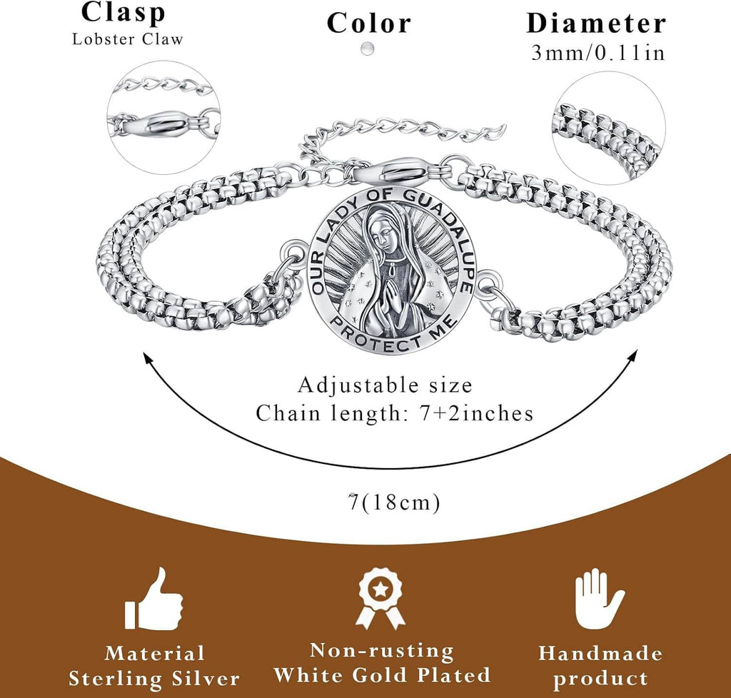Sterling silver chain bracelet with Our Lady of Guadalupe medallion charm