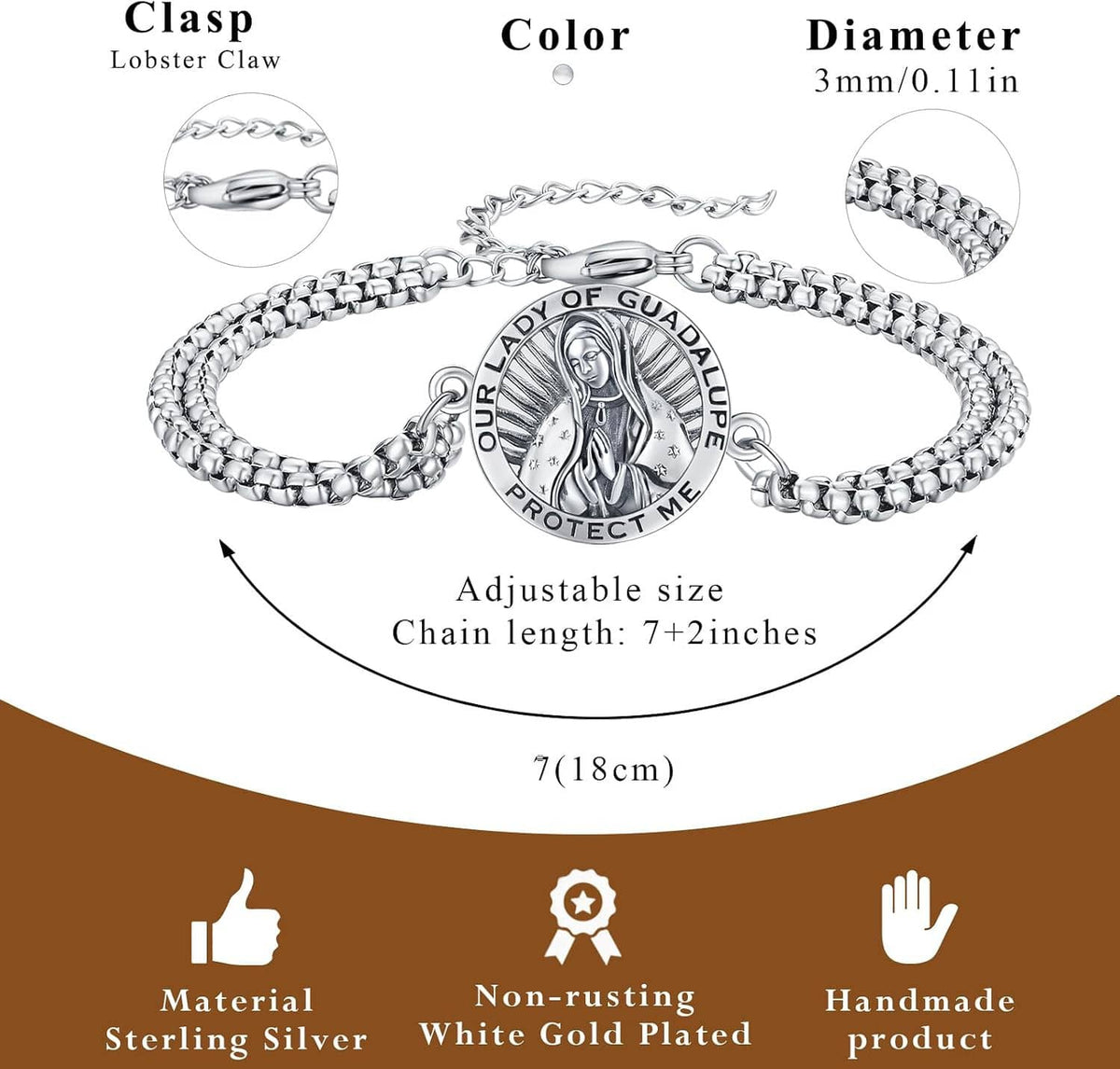 Sterling silver chain bracelet with Our Lady of Guadalupe medallion charm