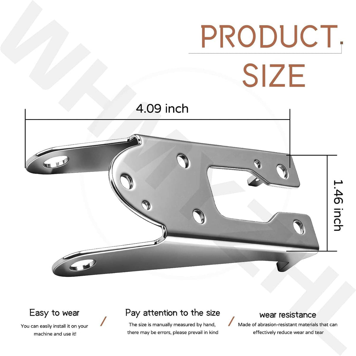 Stainless steel transom mount bracket with size measurement, 4.09 in length