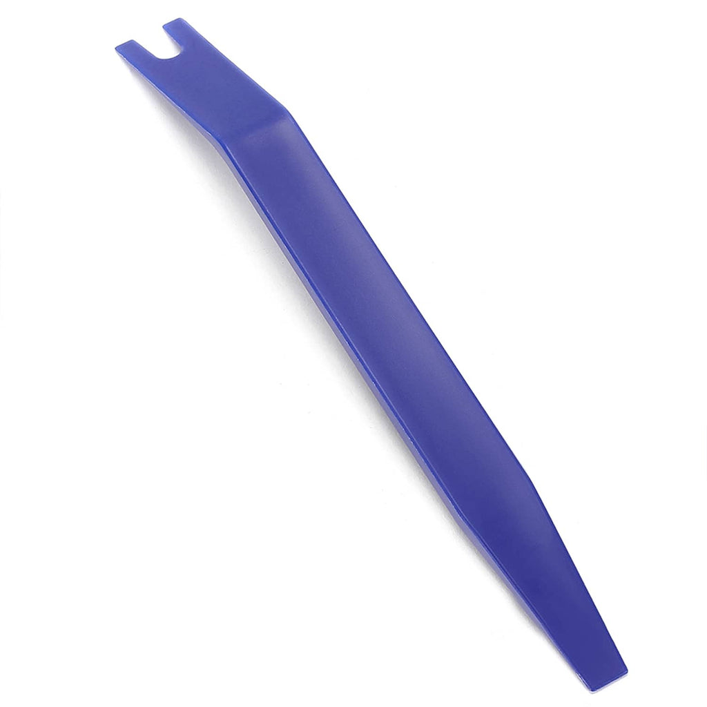 Blue plastic trim removal pry tool with forked end and long flat body