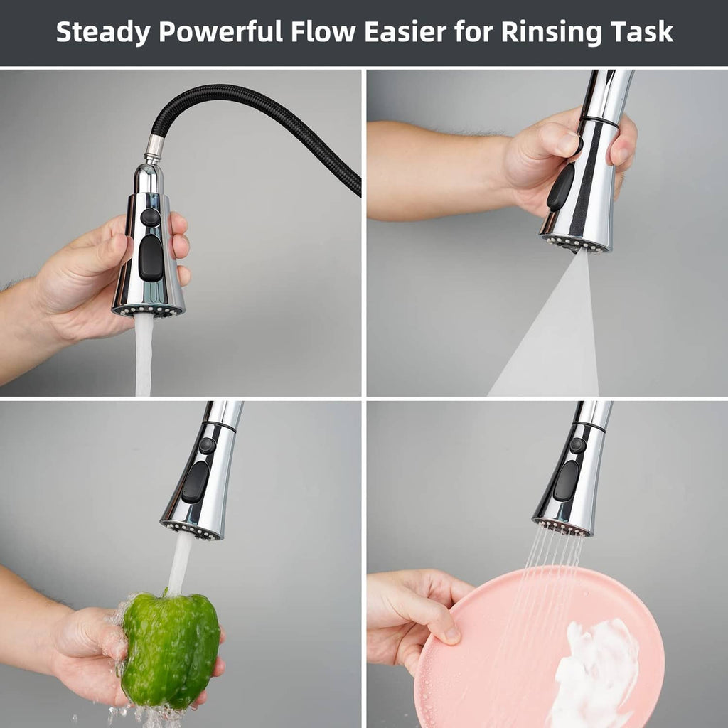 Chrome pull-down faucet sprayer head with steady water stream for rinsing