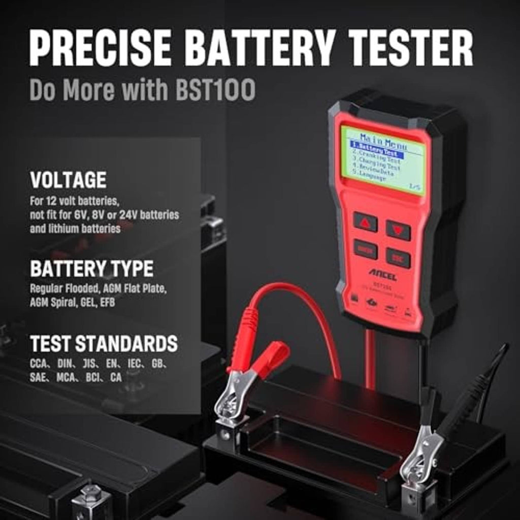 12V battery tester on dual clamp stand with digital menu display