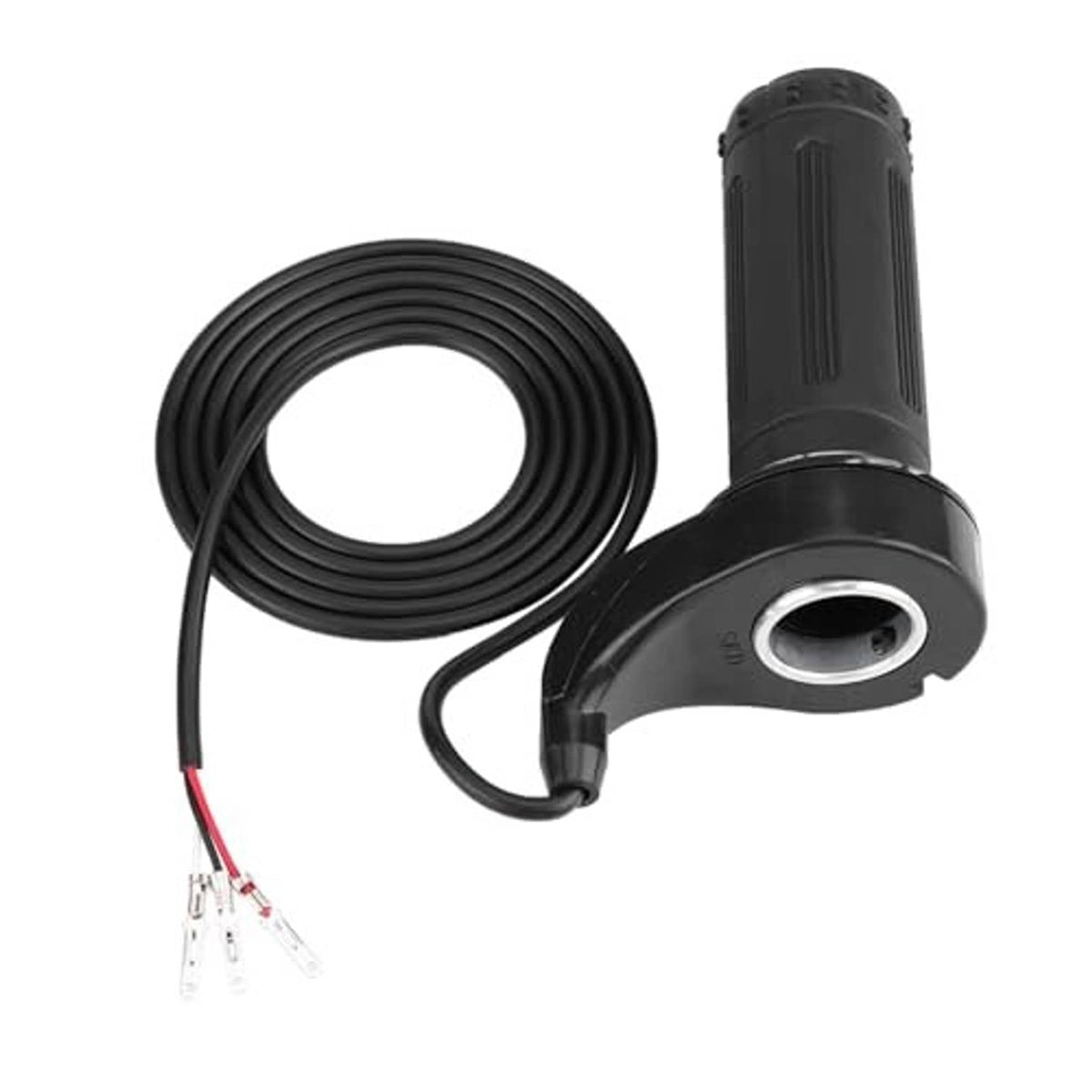 Electric scooter throttle with black grip and coiled wiring harness, 3-pin connector leads