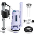 Dual flush toilet valve replacement kit with black and gray components and parts