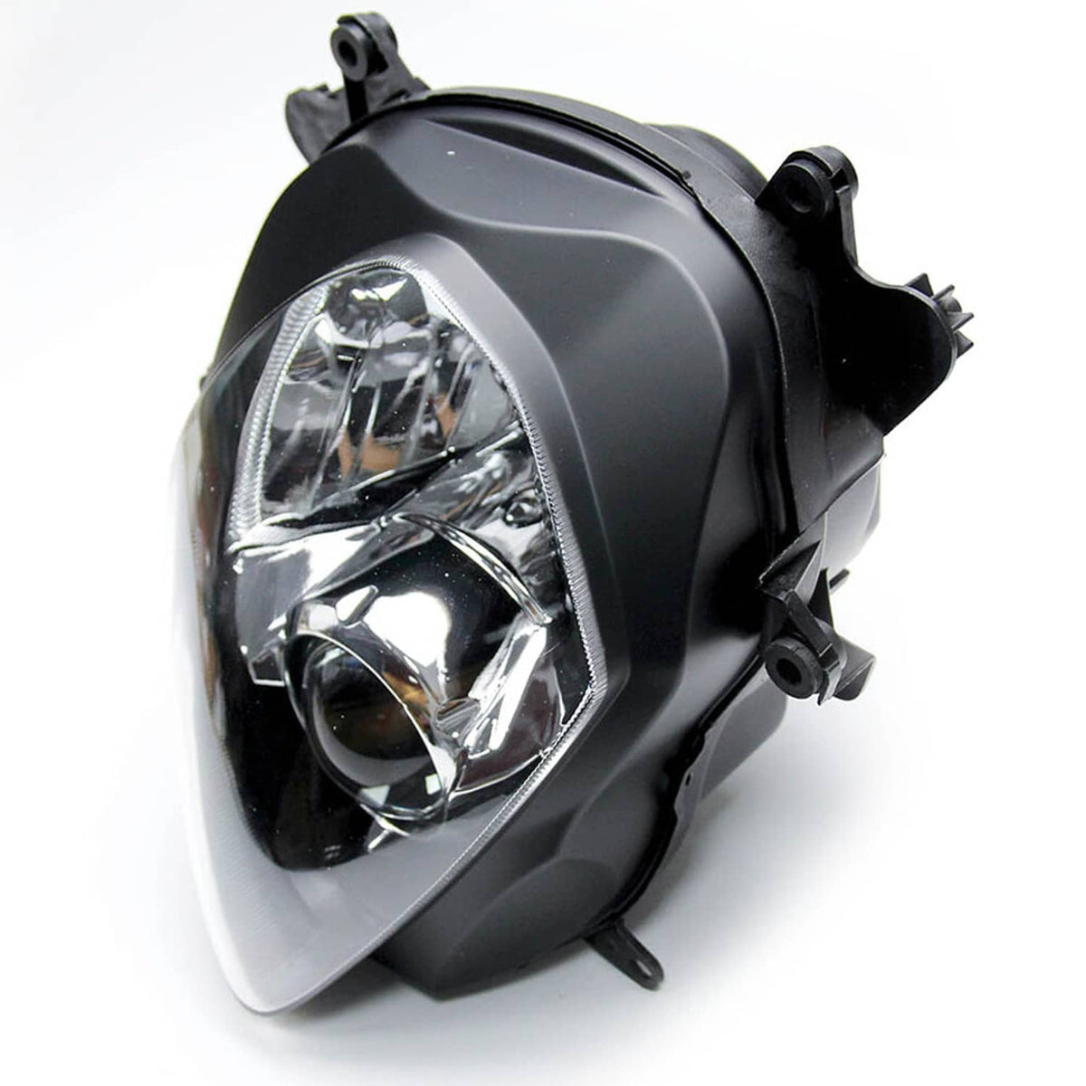 Front headlight assembly angled view with clear lens, black bezel, and side mounting tabs