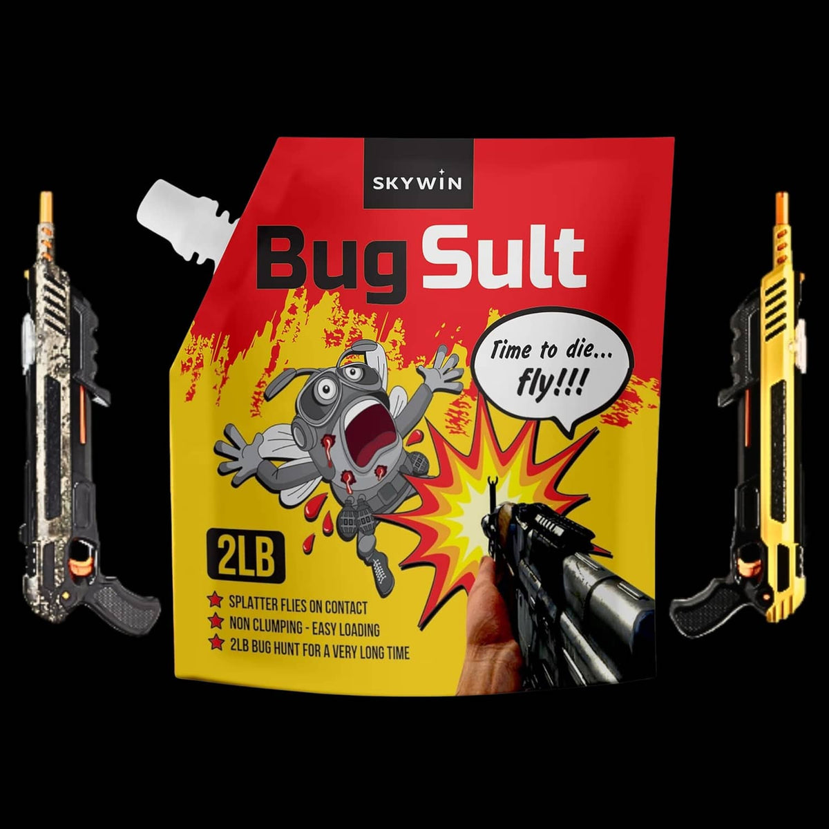 BugSult 2 lb refill salt pouch centered with two handgun illustrations on the sides