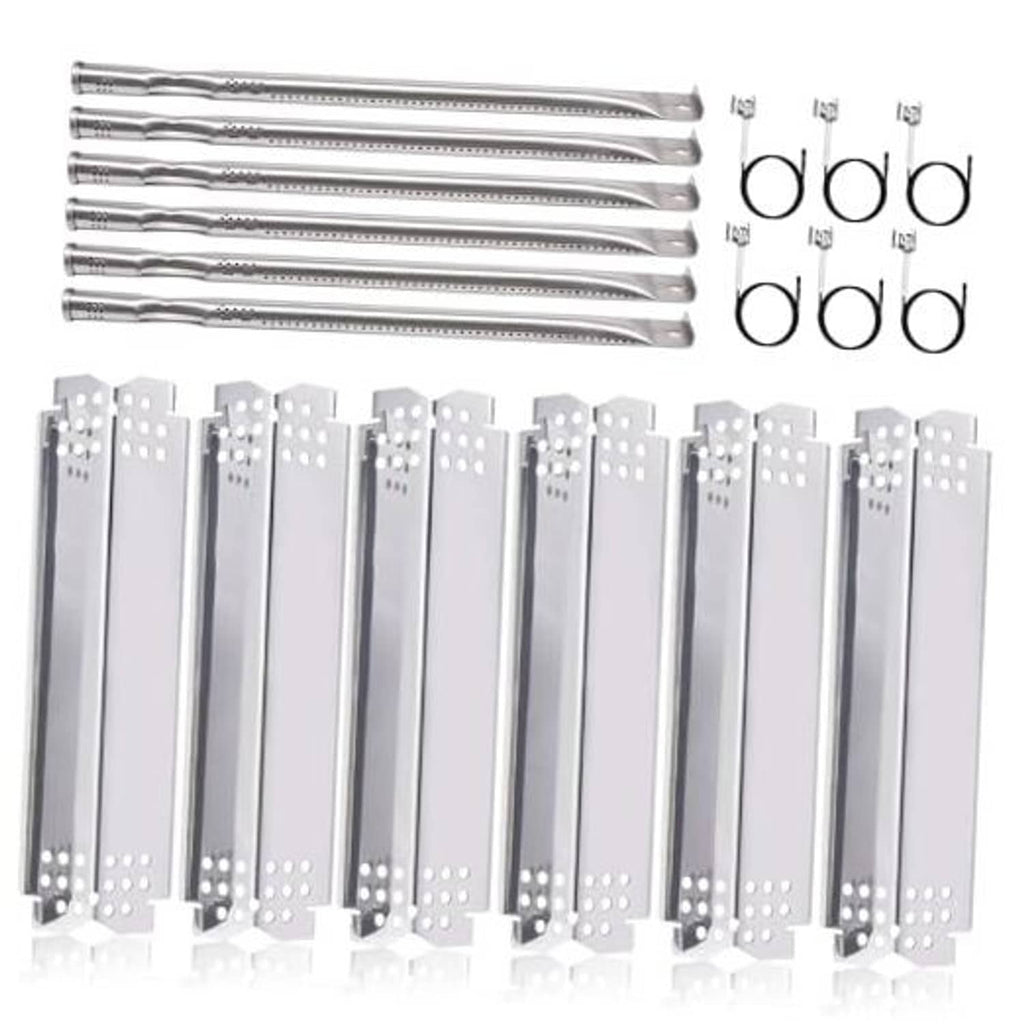 Stainless steel grill heat plate set with multiple perforated plates and mounting tabs