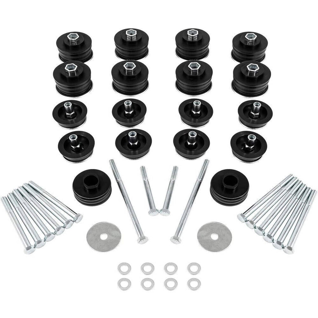 Body cab mount bushing kit with multiple black bushings, bolts, and round steel washers