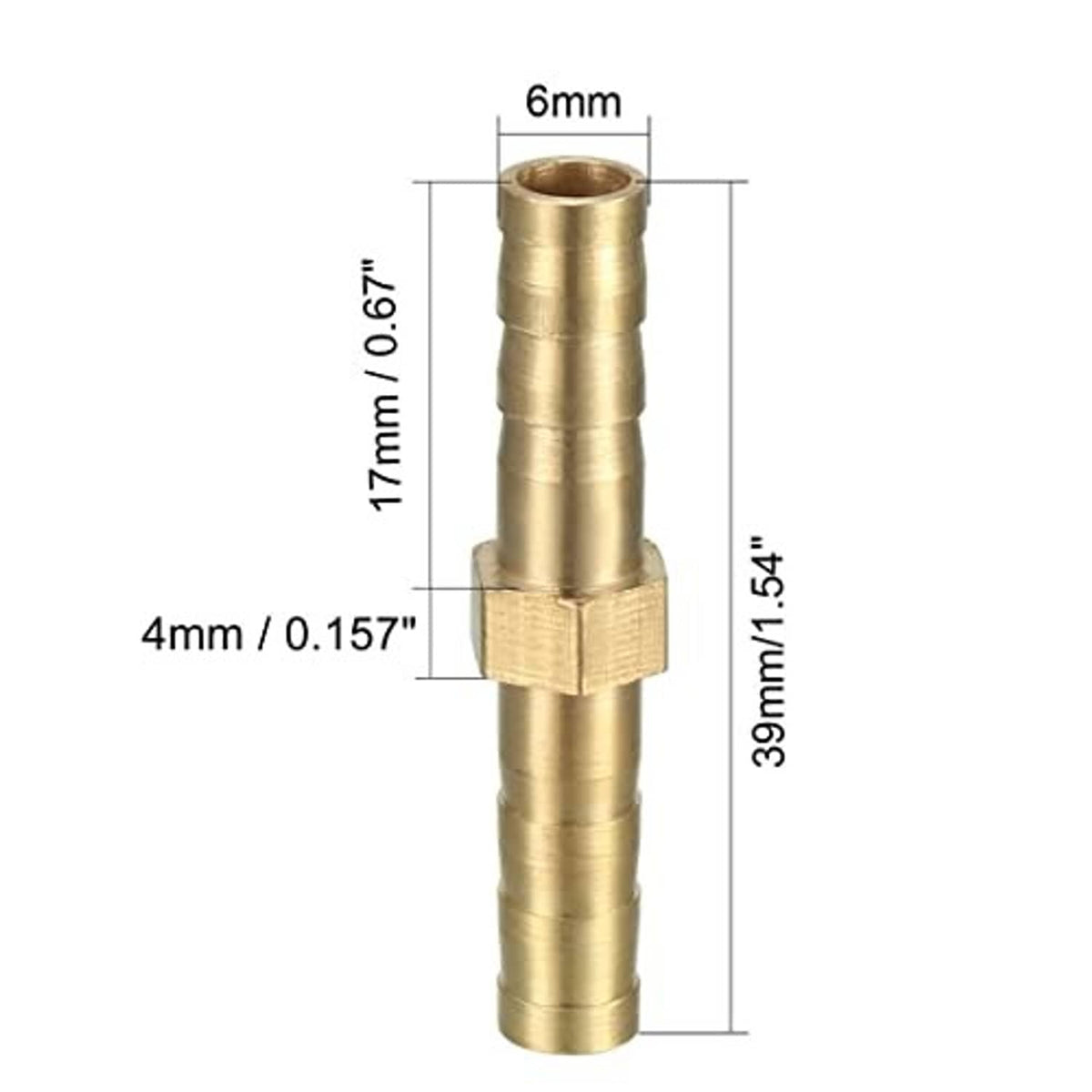 6mm brass barbed straight hose fitting coupler with length measurements
