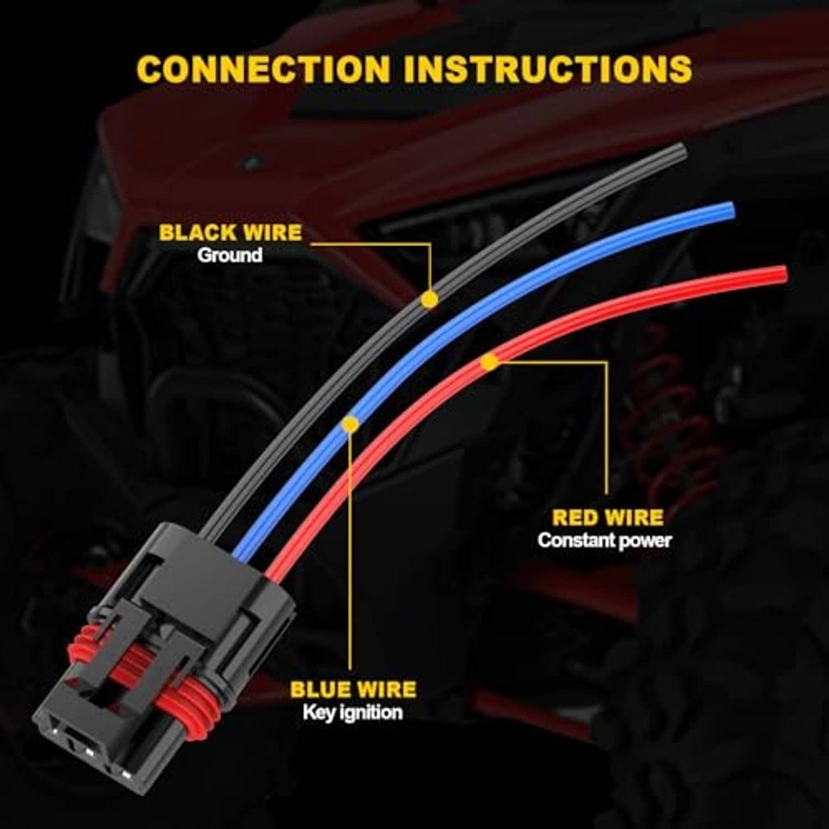 Pulse power plug pigtail connector with red, blue, and black wire leads