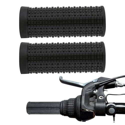 Black motorcycle-style handlebar grips, textured rubber with end caps