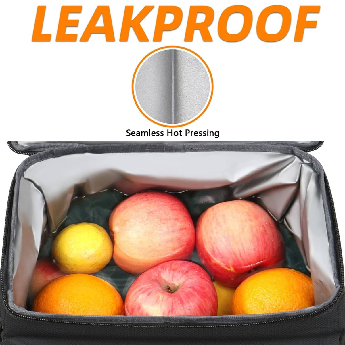Black insulated cooler backpack open, showing fruit inside the main insulated compartment.