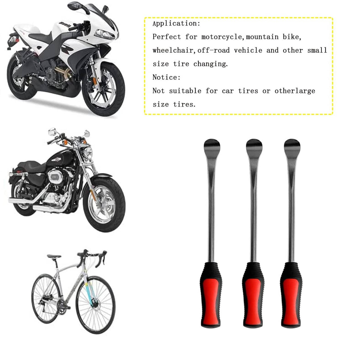 Tire changing lever set with black and red ergonomic grips and polished chrome ends