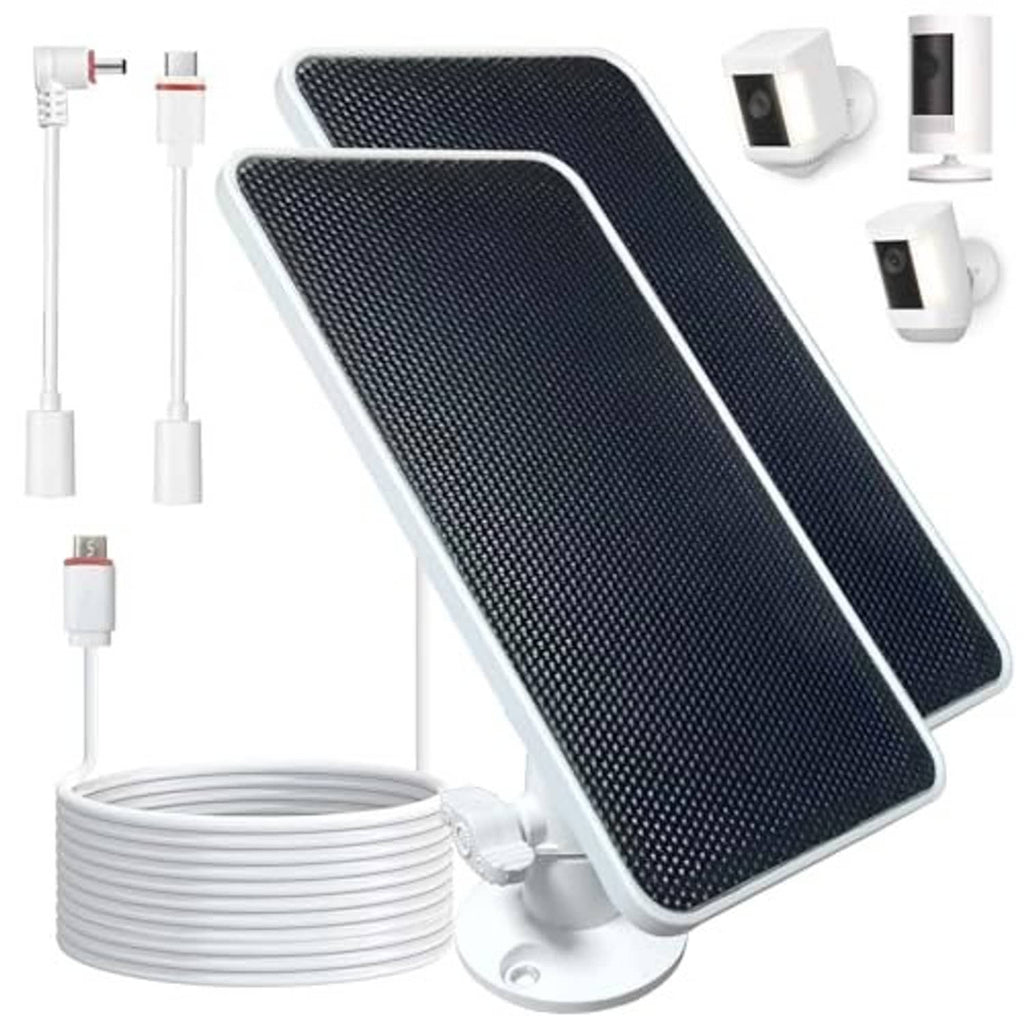 Solar panel charger with two dark solar panels and white mounting bracket