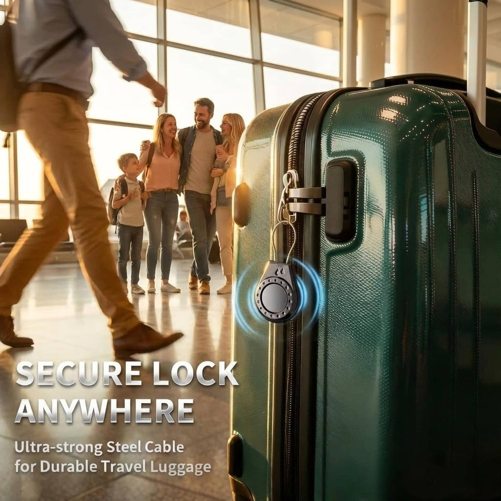 Waterproof lockable AirTag holder on travel luggage with attached key and black cable
