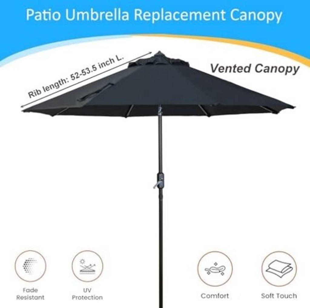 Black patio umbrella replacement canopy with vented top shown above support pole