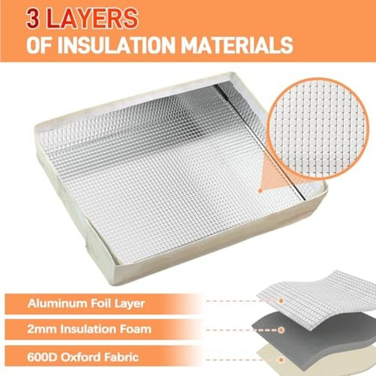 Beige air conditioner cover with silver reflective grid top panel and foam padding