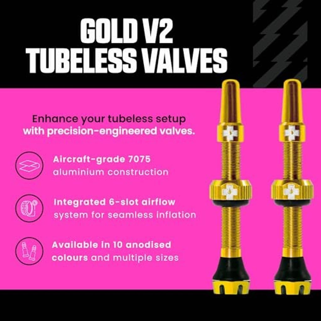 Two gold Presta tubeless valves with knurled grip and black rubber bases