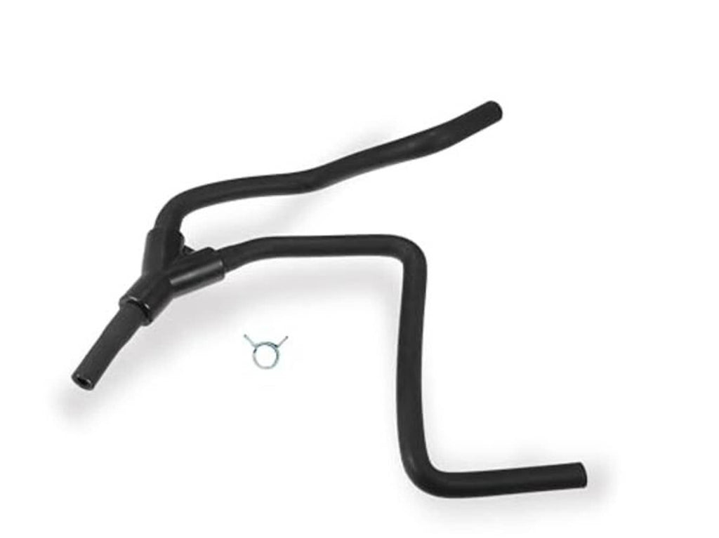 Black coolant overflow recovery tank hose with molded connector and two curved branches