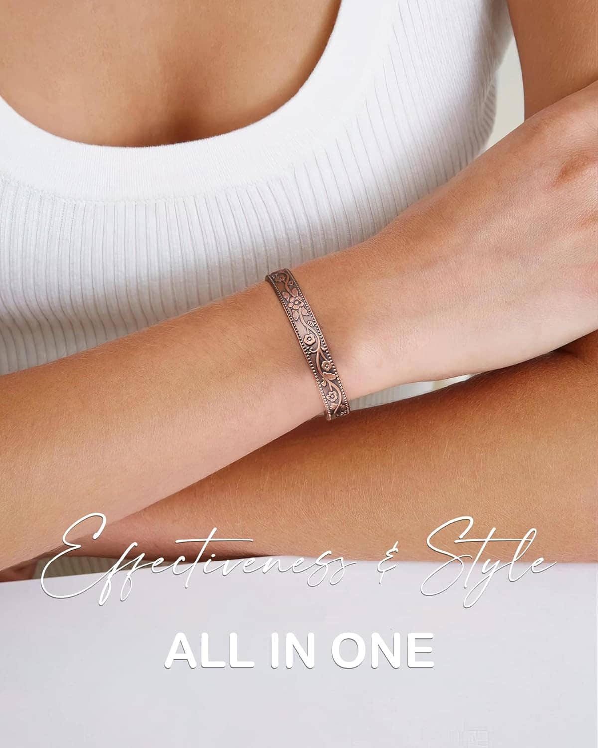 Copper magnetic bracelet with engraved border on wrist, slim band