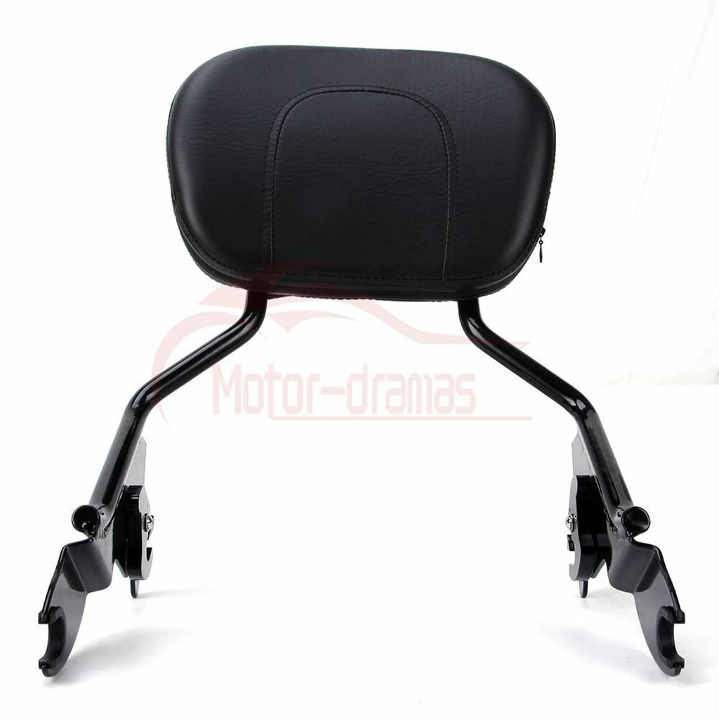 Black padded motorcycle backrest with curved sissy bar frame and support legs