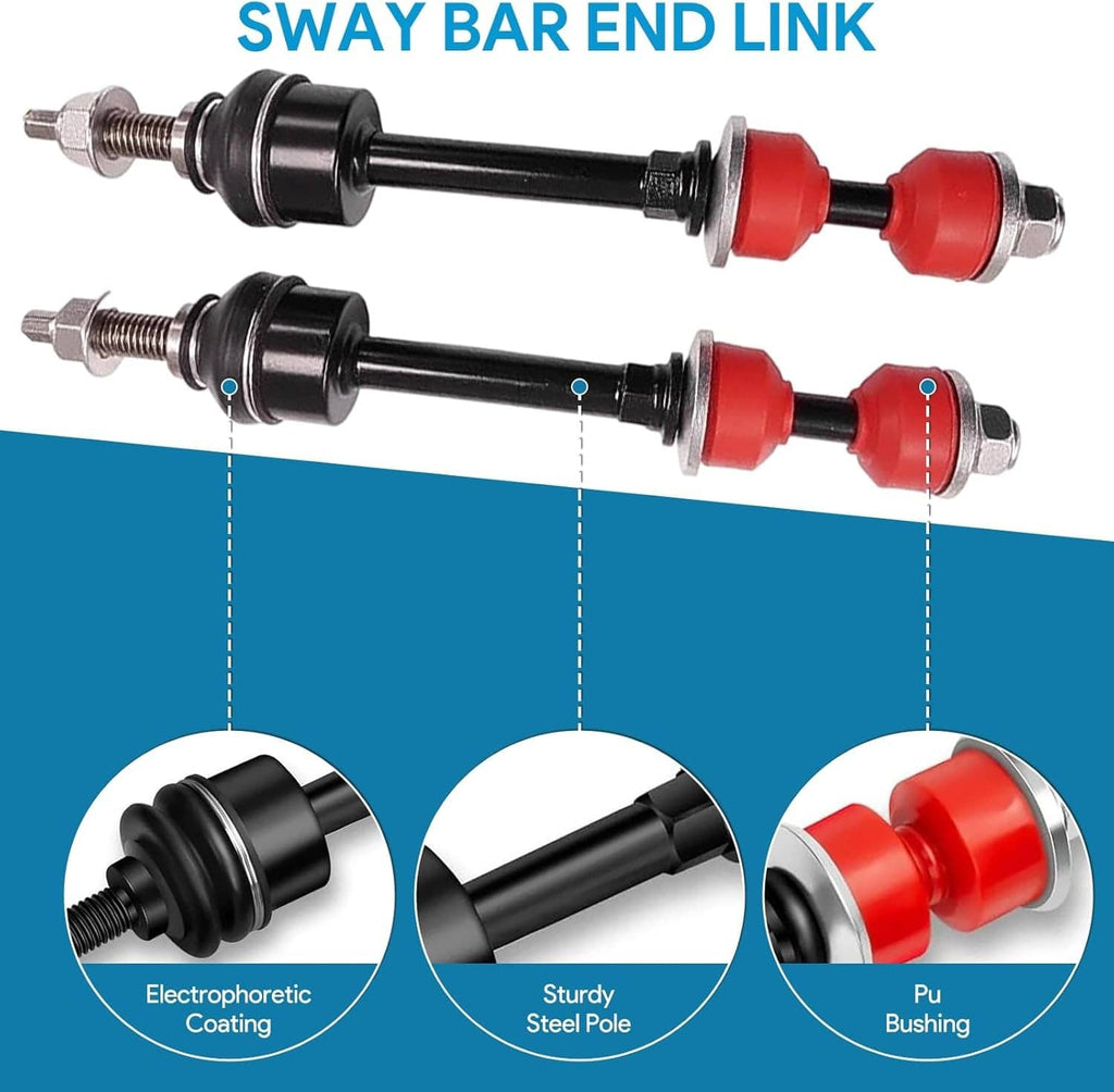 Sway bar end link with black rod, red bushings, and mounting nuts and washers