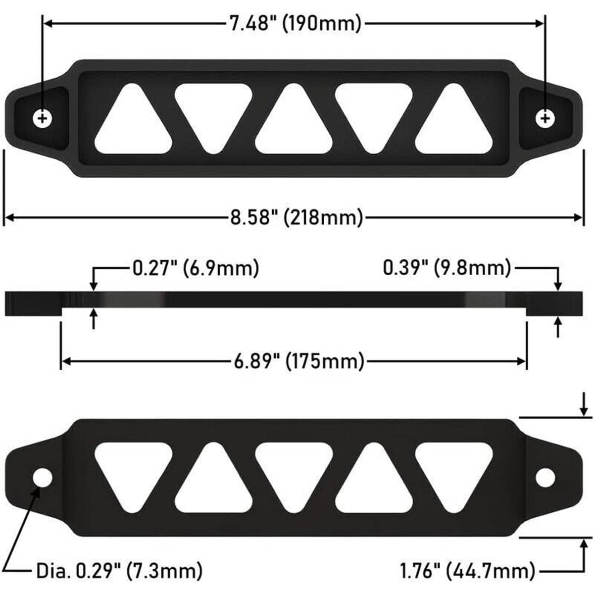 Black battery hold-down bracket with triangular cutouts shown with size measurements