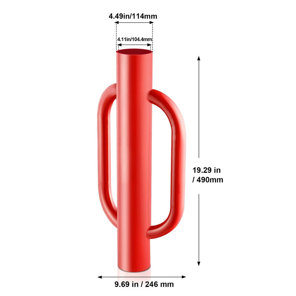 Red steel post driver dimensions showing tall shaft and side handle loops