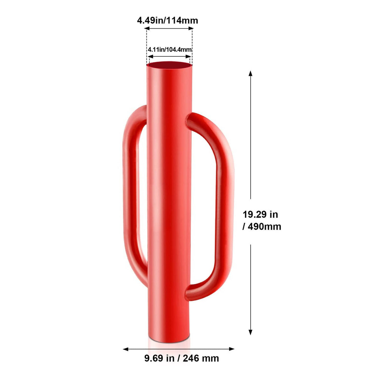 Red steel post driver dimensions showing tall shaft and side handle loops
