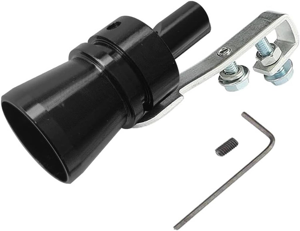 Black turbo whistle tip with metal clamp bracket and mounting hardware, with Allen key