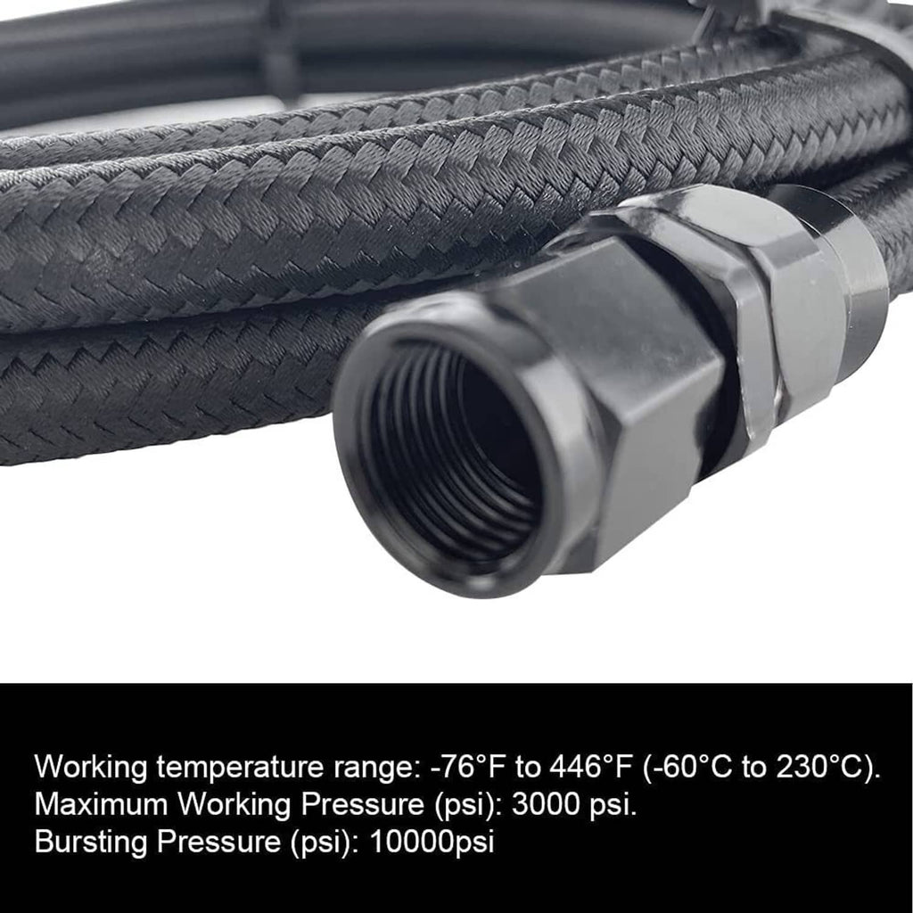 Black braided PTFE hose with textured braid and metallic straight end fitting