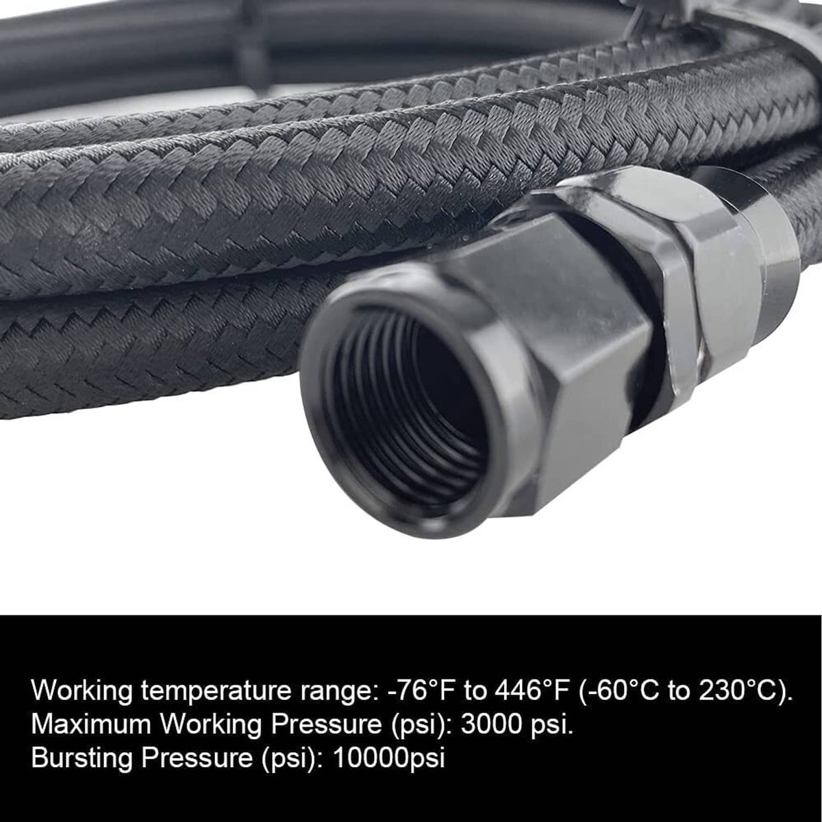Black braided PTFE hose with textured braid and metallic straight end fitting