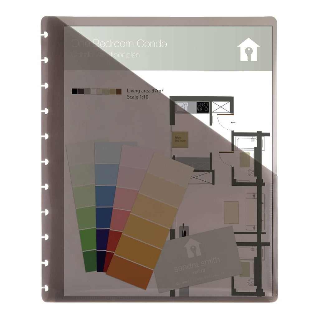 8.5x11 discbound pocket divider with clear window and colored tabs, binder-hole edge